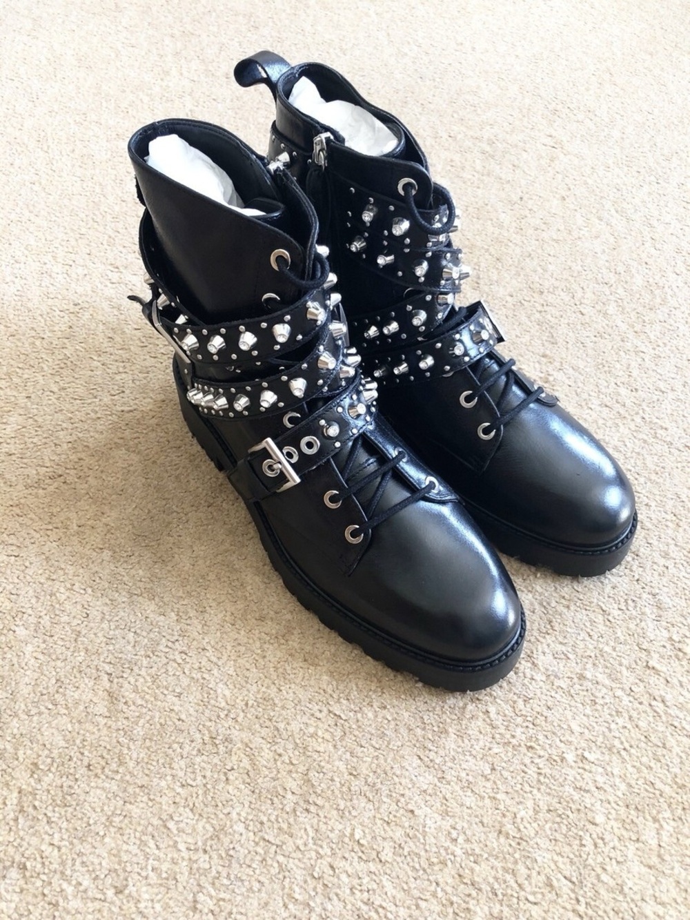 Zara Black Studded Leather Combat Boots New without tags - Picture 4 of 5